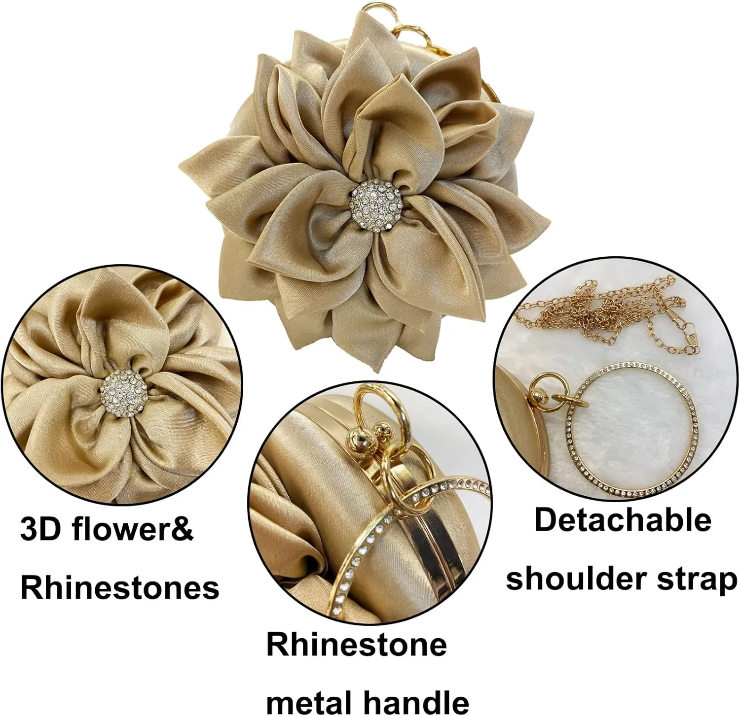 EFTCAL Women Silk Round 3D Rose Flower Handbag,Rhinestone Metal Handle Evening Bag Wedding Party Prom Purse Shoulder Bag