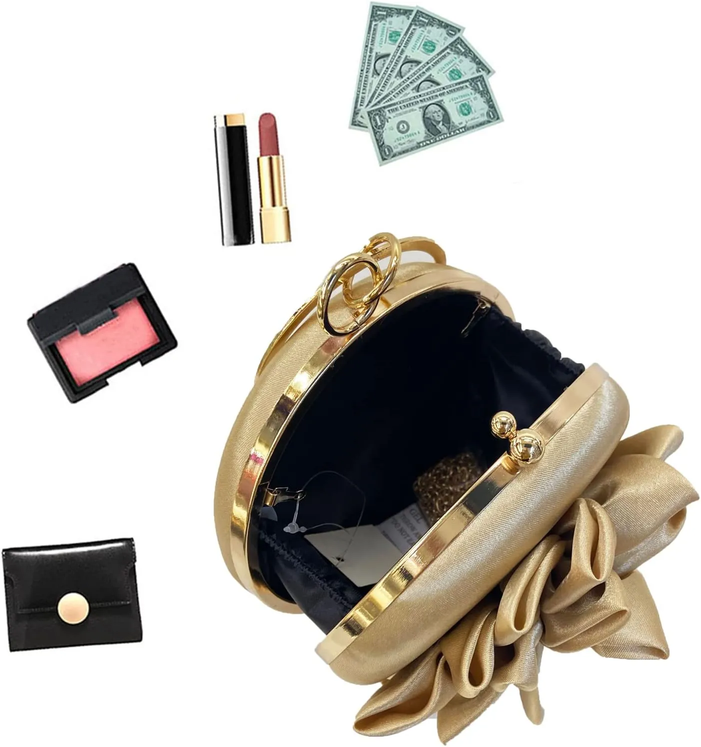 EFTCAL Women Silk Round 3D Rose Flower Handbag,Rhinestone Metal Handle Evening Bag Wedding Party Prom Purse Shoulder Bag
