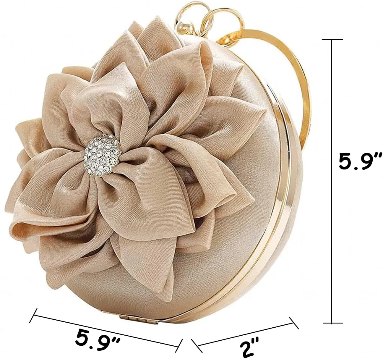 EFTCAL Women Silk Round 3D Rose Flower Handbag,Rhinestone Metal Handle Evening Bag Wedding Party Prom Purse Shoulder Bag
