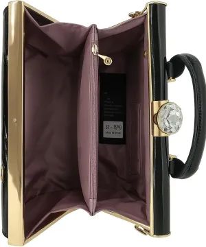 Elegant Patent Leather Handbag, Black with Gold Hardware, Crystal Accent, Mini Satchel Style