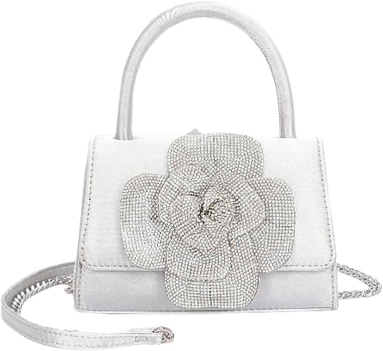 Elegant Rhinestone Flower Satin Clutch Bag Evening Top Handle Purse for Women, Sparkly Wedding Handbag with Chain Strap