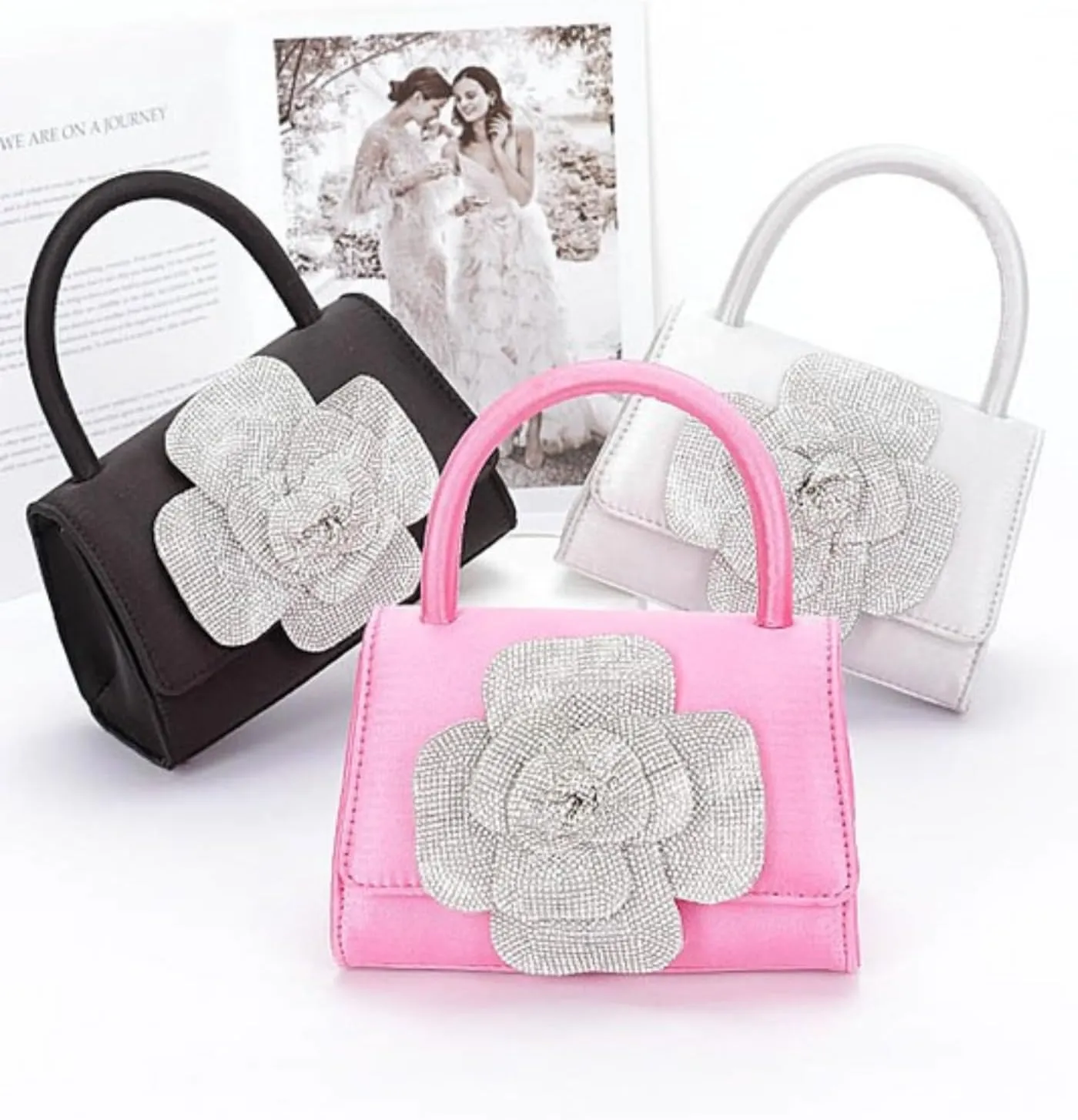 Elegant Rhinestone Flower Satin Clutch Bag Evening Top Handle Purse for Women, Sparkly Wedding Handbag with Chain Strap