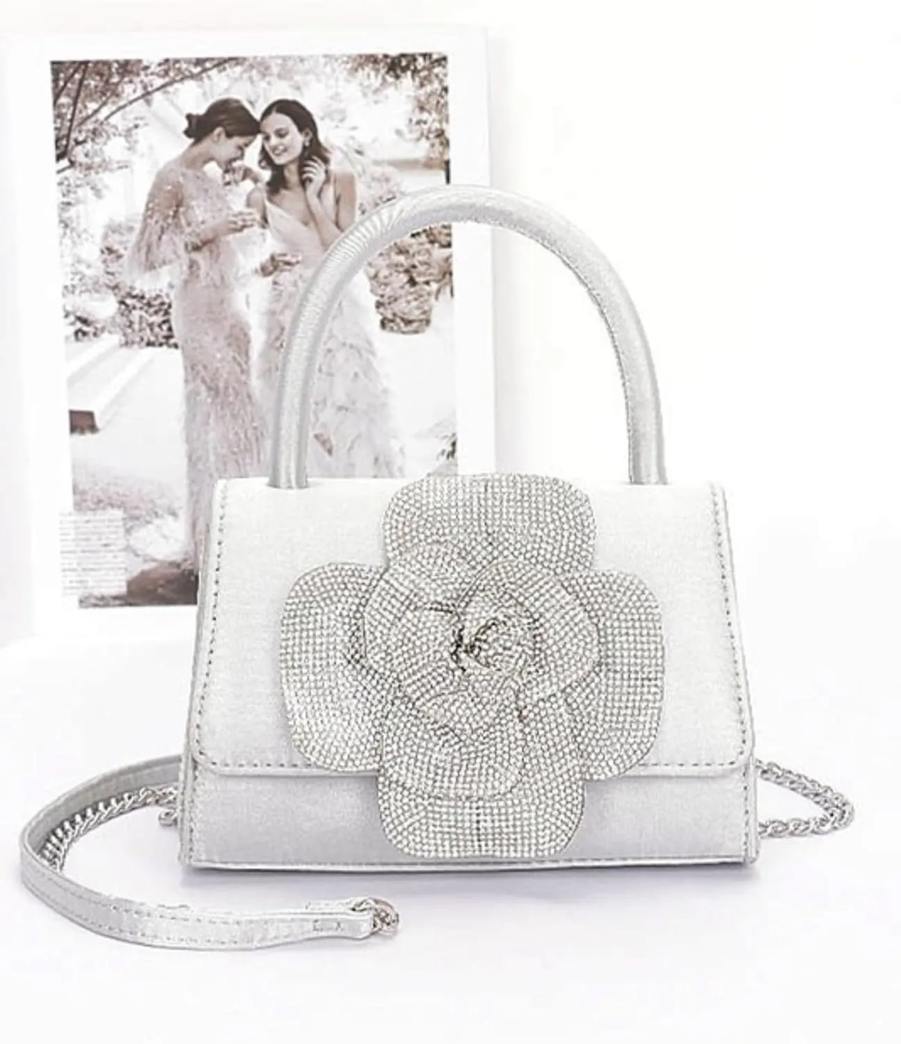 Elegant Rhinestone Flower Satin Clutch Bag Evening Top Handle Purse for Women, Sparkly Wedding Handbag with Chain Strap