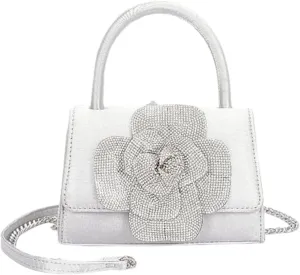 Elegant Rhinestone Flower Satin Clutch Bag Evening Top Handle Purse for Women, Sparkly Wedding Handbag with Chain Strap