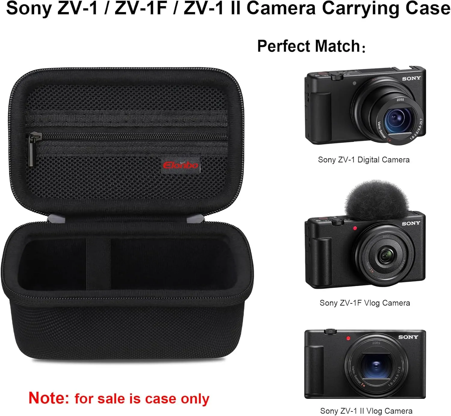 Elonbo Carrying Case for Sony ZV-1F/ ZV-1 II/ZV-1 Vlog Digital Camera for Content Creators, Sony ZV1 Vlogging Camera Hard Travel Bag, Mesh Pocket fits Battery Card Reader Cable, Black