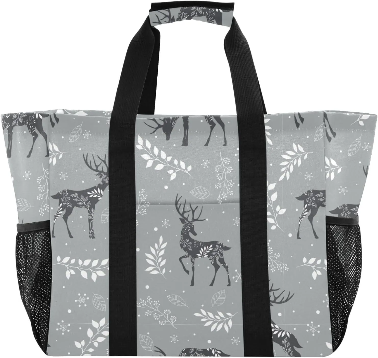 Emelivor Reindeer Snowflakes Gray Large Tote Bag Foldable Canvas Travel Beach Tote Bag Pool Grocery Diaper Bags Handbags for Women Men Daily Shopping Gym Work