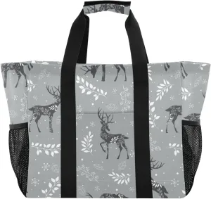 Emelivor Reindeer Snowflakes Gray Large Tote Bag Foldable Canvas Travel Beach Tote Bag Pool Grocery Diaper Bags Handbags for Women Men Daily Shopping Gym Work