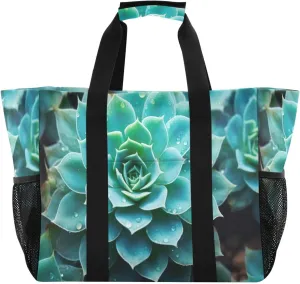Emelivor Succulents Teal Tropical Plants Large Tote Bag Canvas Travel Beach Diaper Bag Waterproof Pool Laundry Grocery Bags Handbags for Women Men Work Daily Shopping