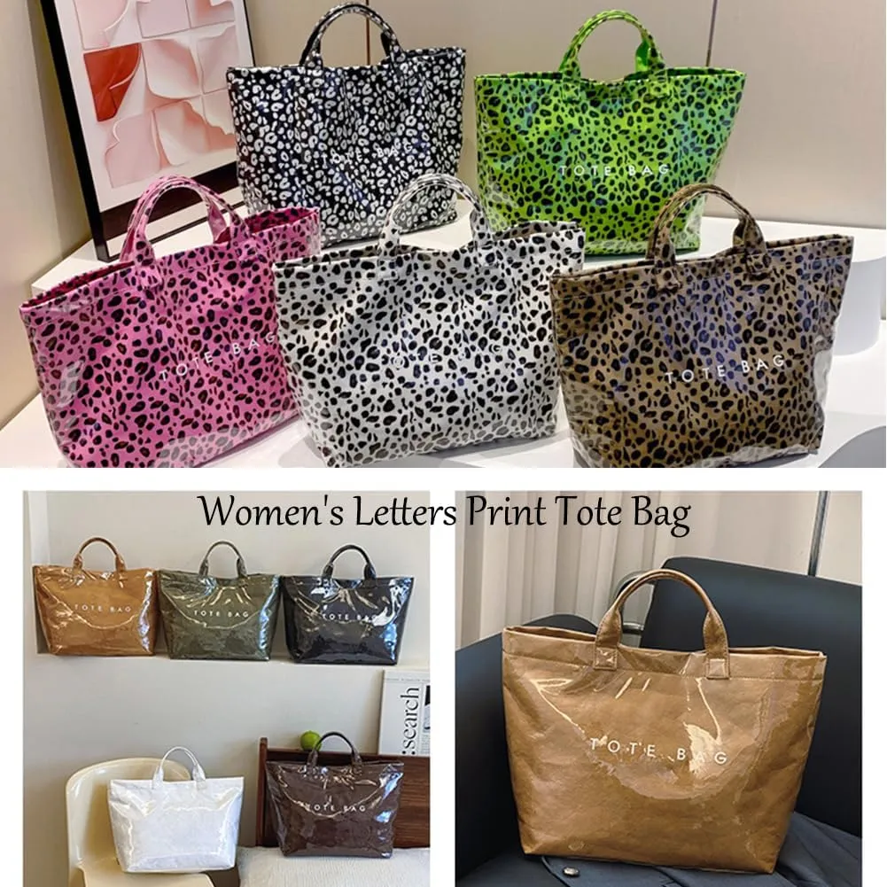 Enclosurea Women's Letters Print Tote Bag, Fashion Shopping Paper Bag Top Handle, Large Pvc Waterproof Canvas Bag Hobo