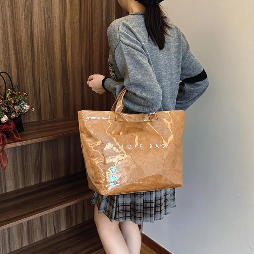Enclosurea Women's Letters Print Tote Bag, Fashion Shopping Paper Bag Top Handle, Large Pvc Waterproof Canvas Bag Hobo