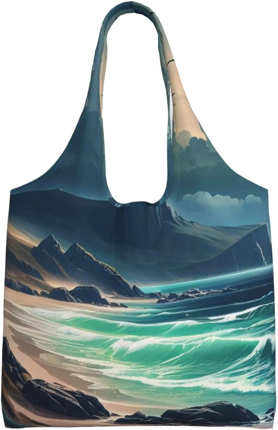 Enigmatic Shores Print Canvas Tote Bag for Women, Large Capacity Casual Shoulder Handbags for Work Travel Shopping