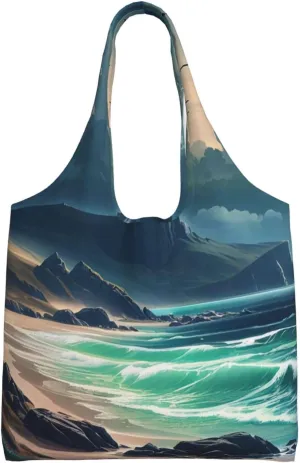 Enigmatic Shores Print Canvas Tote Bag for Women, Large Capacity Casual Shoulder Handbags for Work Travel Shopping