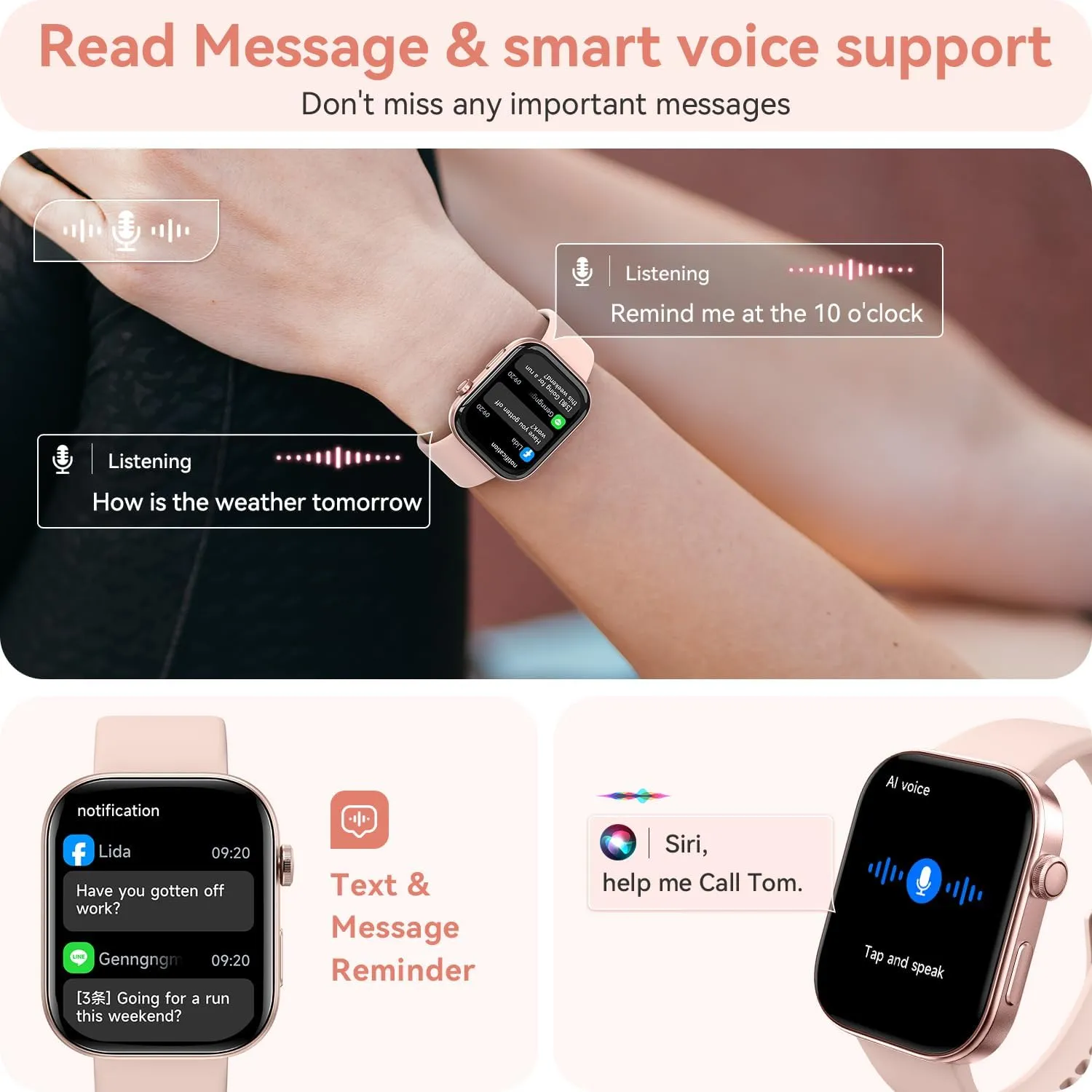 ENOMIR Smart Watch for Women iPhone & Android,1.99"" AMOLDE Screen 3ATM Waterproof Fitness Watch with Answer/Make Call AI Voice,24H-Heart Rate/SpO2/BP Monitor/Sleep Monitor,100  Sports Modes, Pink