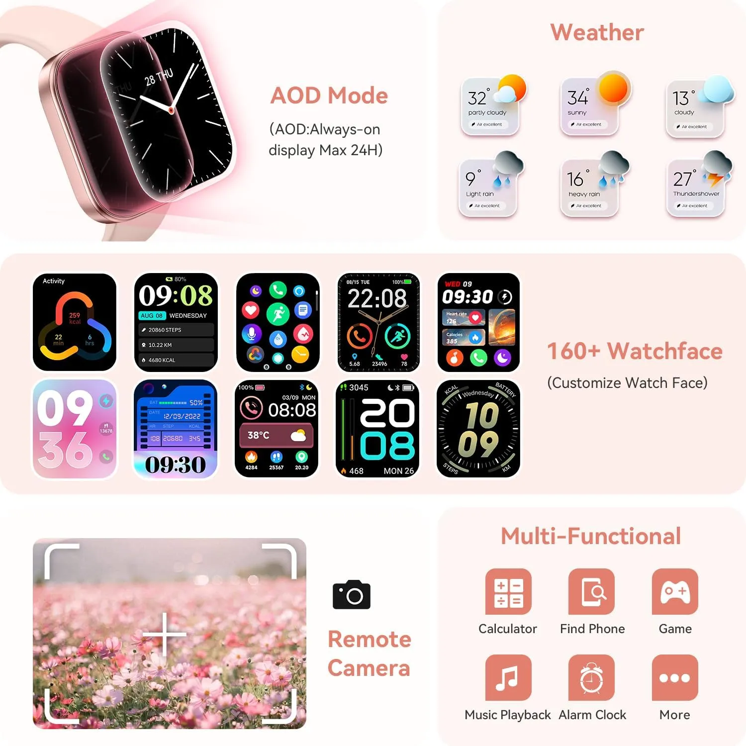 ENOMIR Smart Watch for Women iPhone & Android,1.99"" AMOLDE Screen 3ATM Waterproof Fitness Watch with Answer/Make Call AI Voice,24H-Heart Rate/SpO2/BP Monitor/Sleep Monitor,100  Sports Modes, Pink