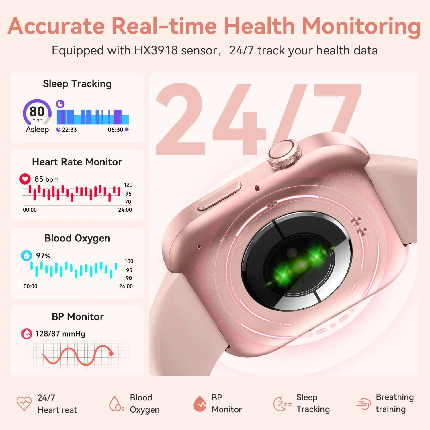 ENOMIR Smart Watch for Women iPhone & Android,1.99"" AMOLDE Screen 3ATM Waterproof Fitness Watch with Answer/Make Call AI Voice,24H-Heart Rate/SpO2/BP Monitor/Sleep Monitor,100  Sports Modes, Pink