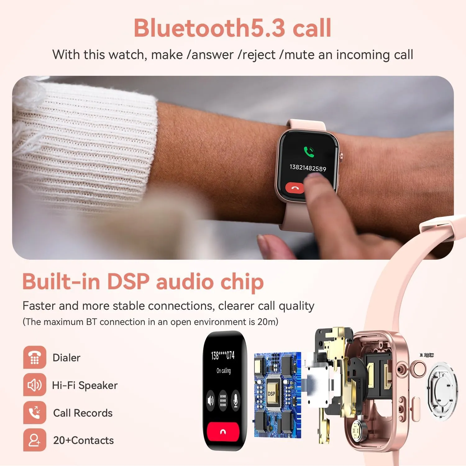 ENOMIR Smart Watch for Women iPhone & Android,1.99"" AMOLDE Screen 3ATM Waterproof Fitness Watch with Answer/Make Call AI Voice,24H-Heart Rate/SpO2/BP Monitor/Sleep Monitor,100  Sports Modes, Pink
