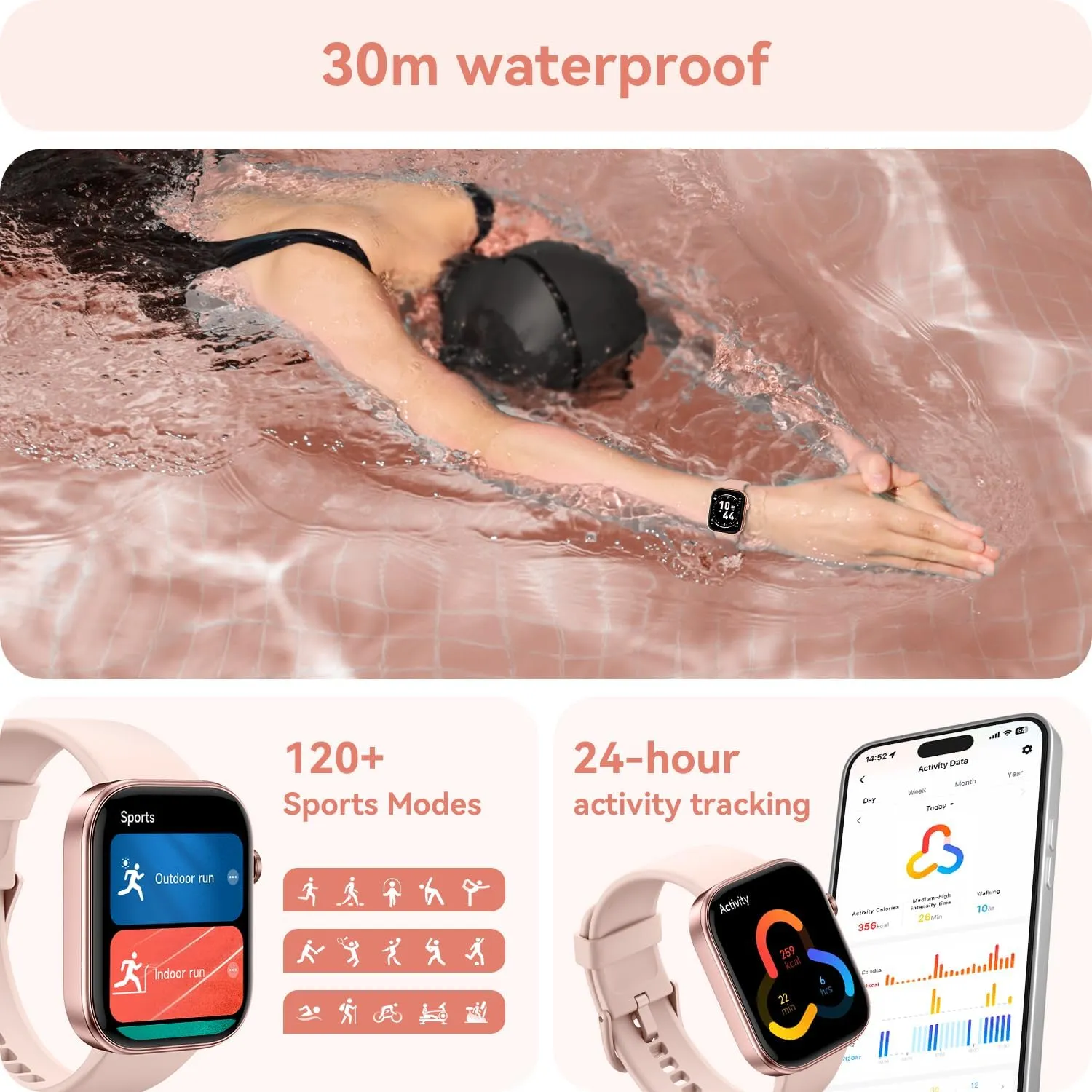 ENOMIR Smart Watch for Women iPhone & Android,1.99"" AMOLDE Screen 3ATM Waterproof Fitness Watch with Answer/Make Call AI Voice,24H-Heart Rate/SpO2/BP Monitor/Sleep Monitor,100  Sports Modes, Pink