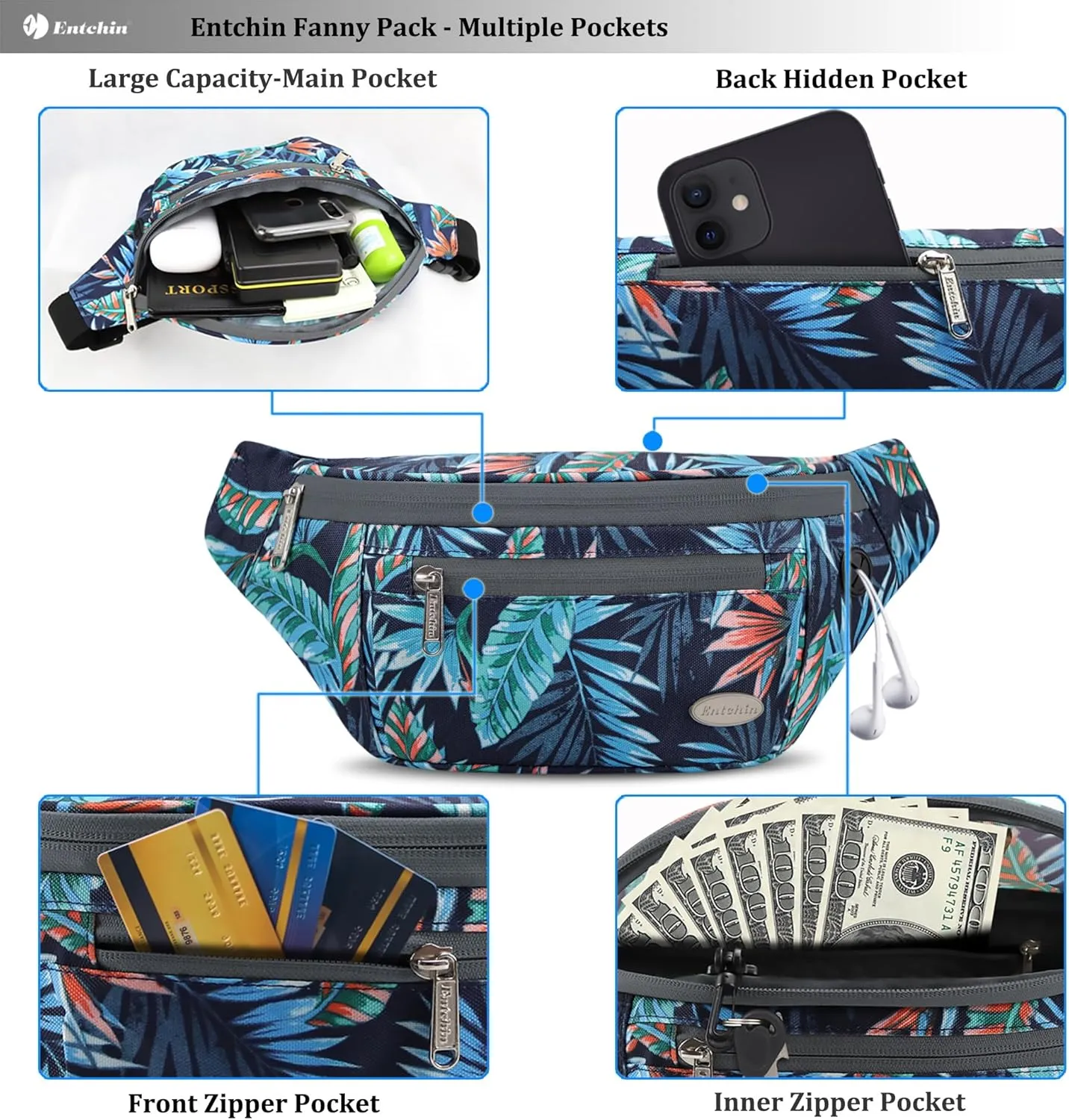 Entchin Fanny Pack for Women Men,Crossbody Belt Bag with 4-Zipper Pockets,Adjustable Waist Bag Pack,One of the Most Popular Travel Essential Gifts for Walking,Traveling,Cycling and Shopping