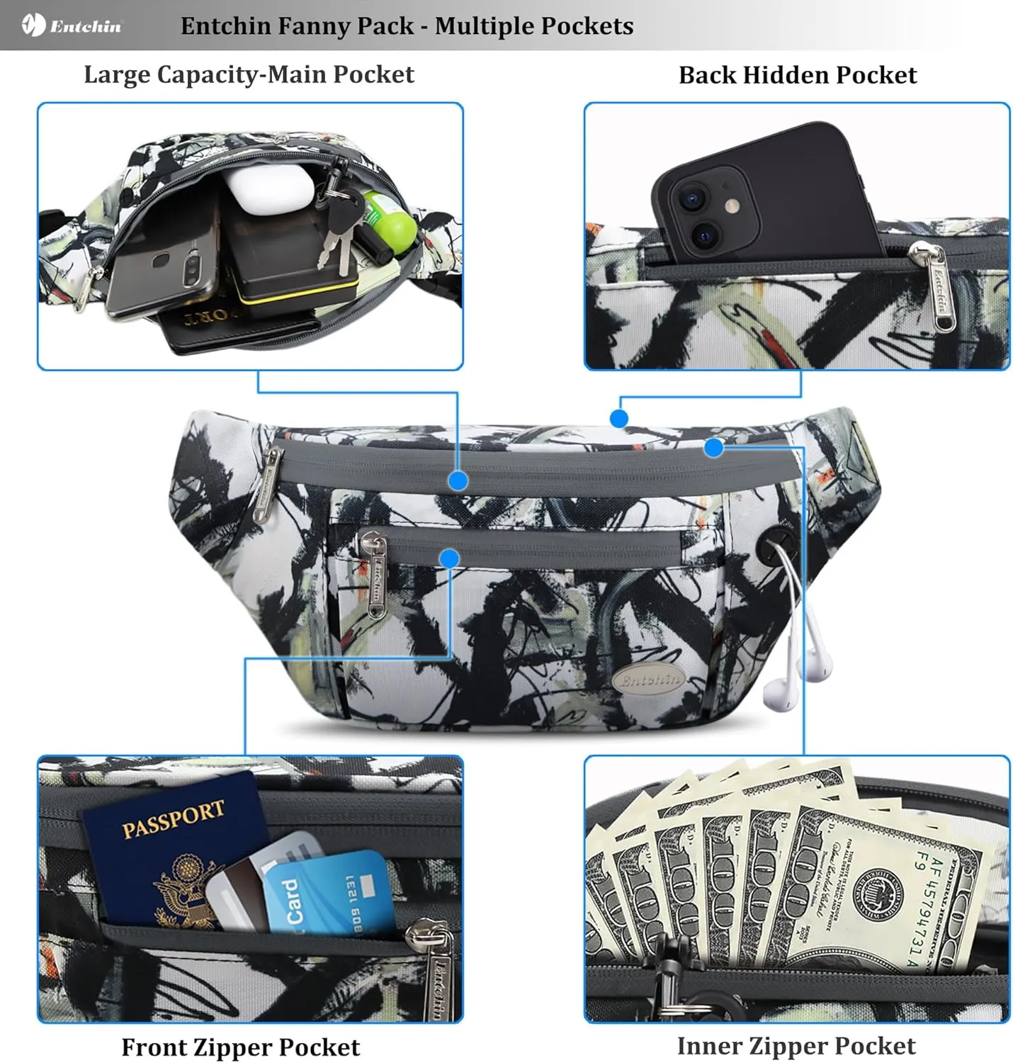 Entchin Fanny Pack for Women Men,Crossbody Belt Bag with 4-Zipper Pockets,Adjustable Waist Bag Pack,One of the Most Popular Travel Essential Gifts for Walking,Traveling,Cycling and Shopping