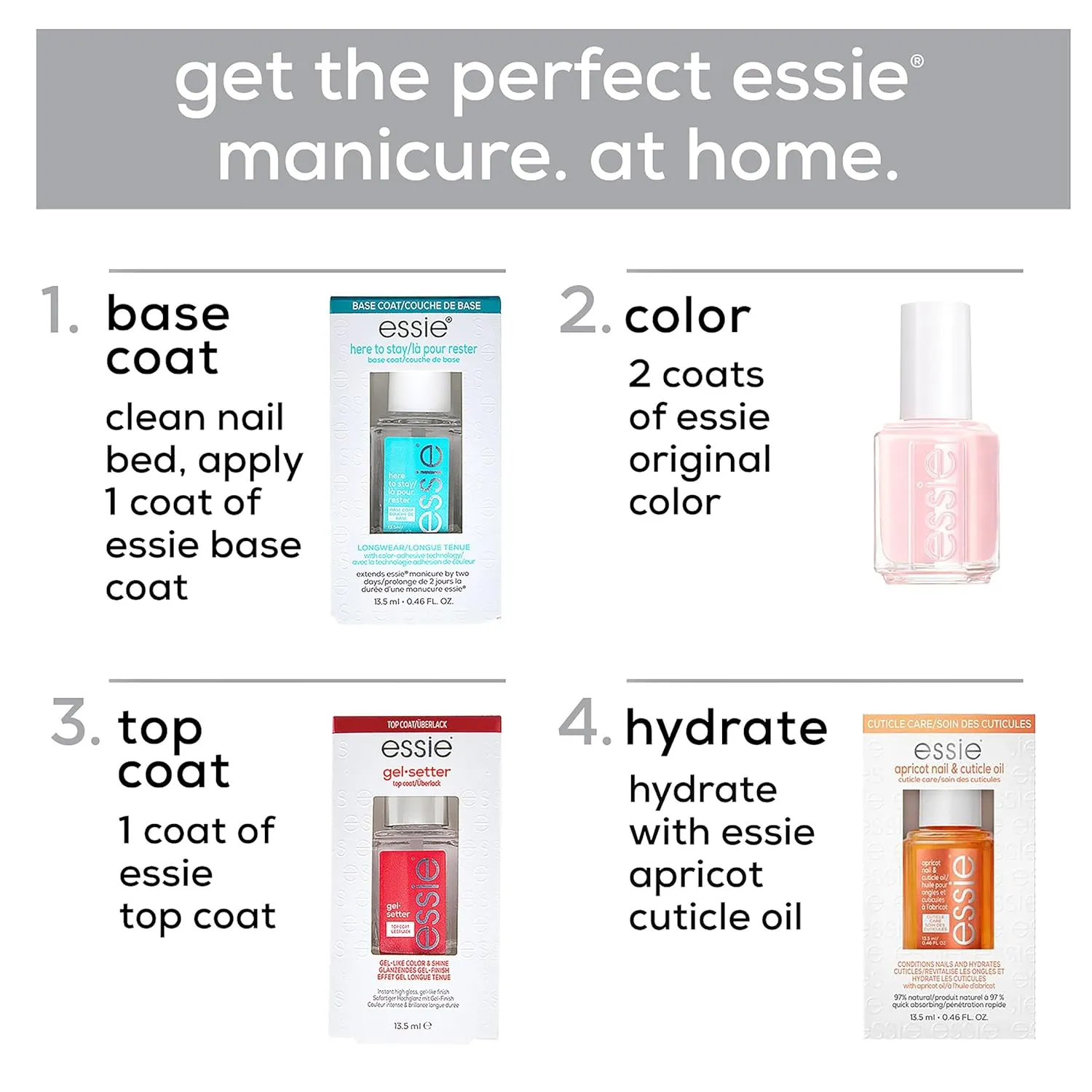 essie Nail Care, 8-Free Vegan, All In One Base Coat and Top Coat, strength and shine nail polish, 0.46 fl oz