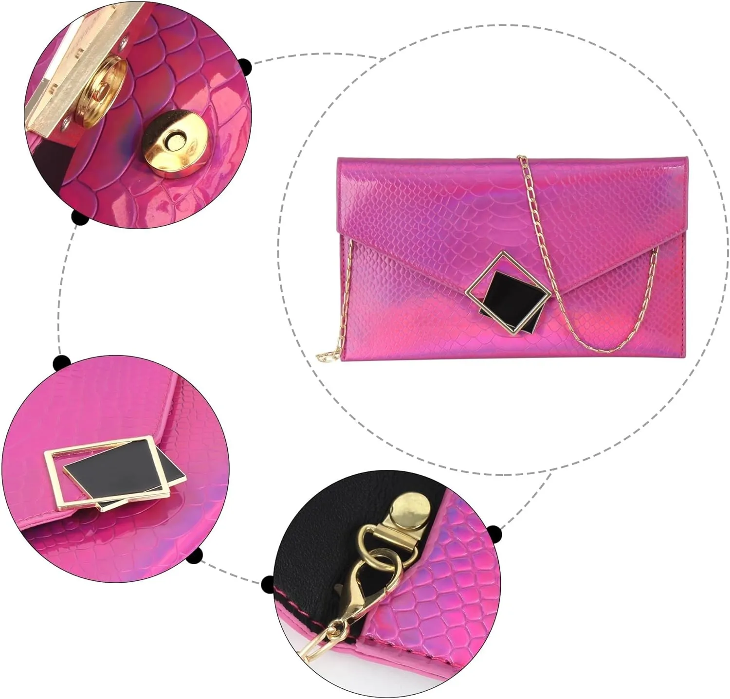 Evening Clutch Handbag Locking Buckle Hologram Satchel Purse Women Leather Crossbody Shoulder Envelope