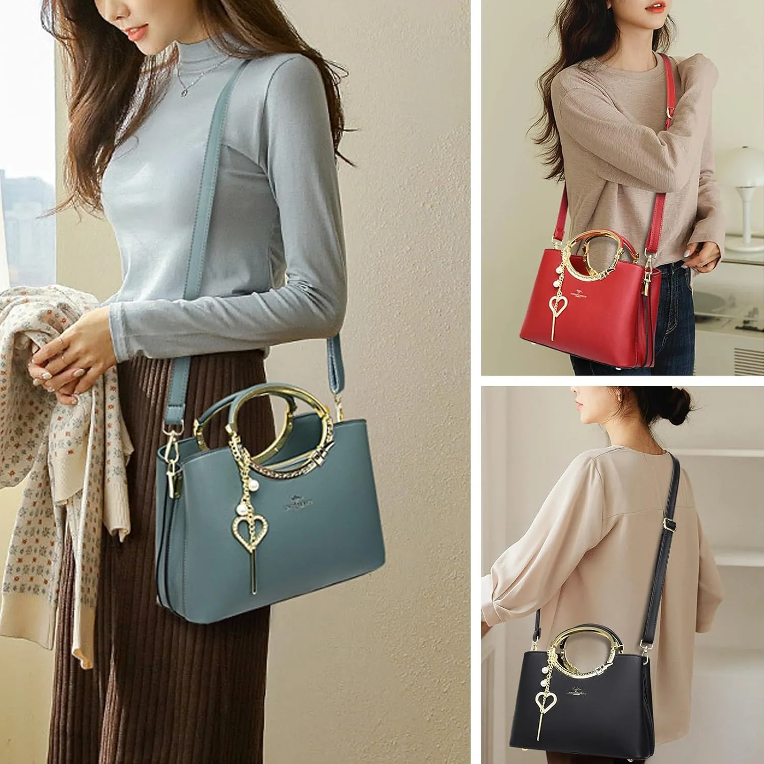 Exquisite Real Genuine Leather Metal Ring Handle Bag For Women Crossbody Handbags With Shoulder Strap For Women