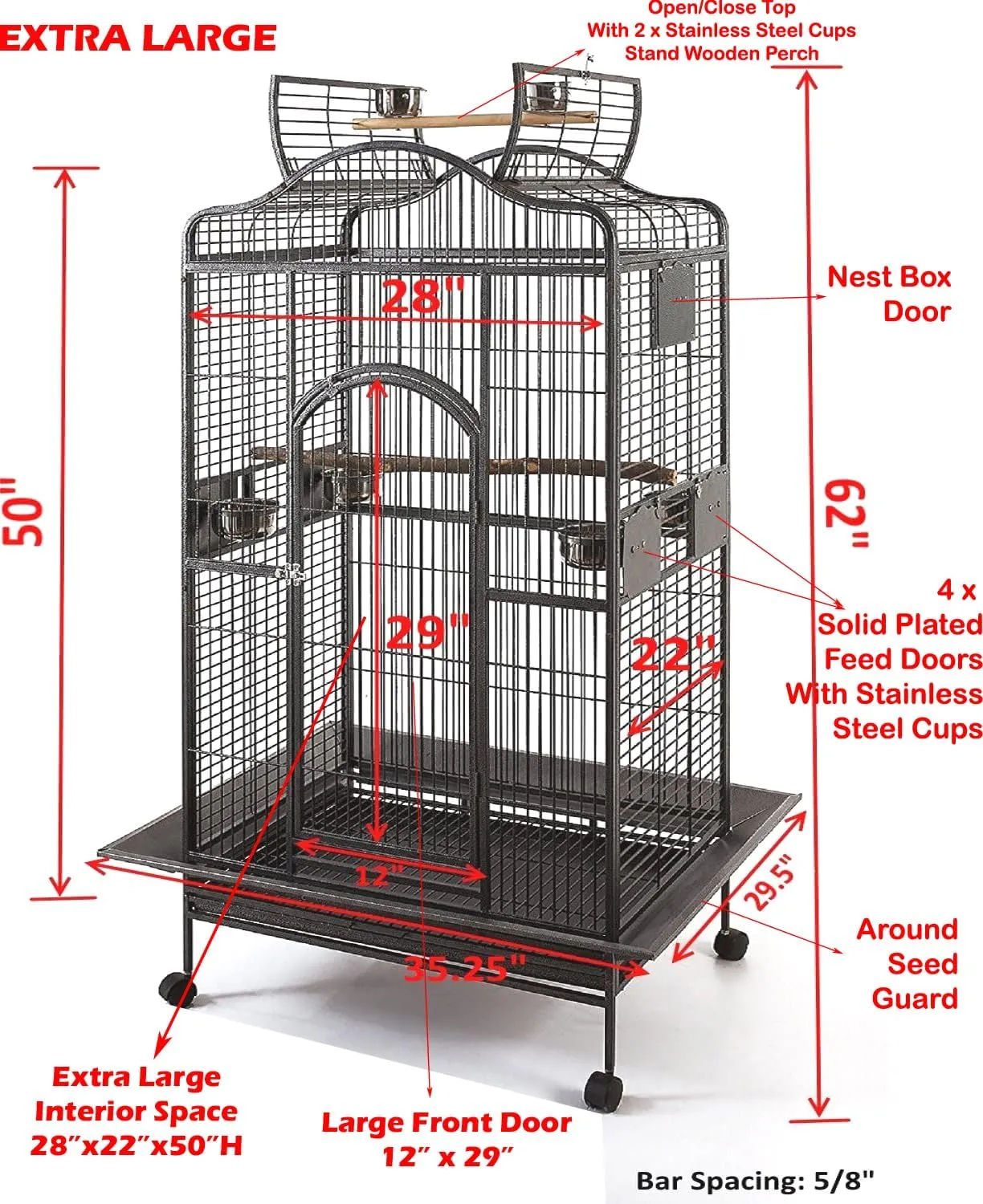 Extra Large Wrought Iron Open/Close Play Top Bird Parrot Cage, Include Metal Seed Guard Solid Metal Feeder Nest Doors Overall Dimensions: 35.25" Wx29.5"x62"H(with Seed Skirt)