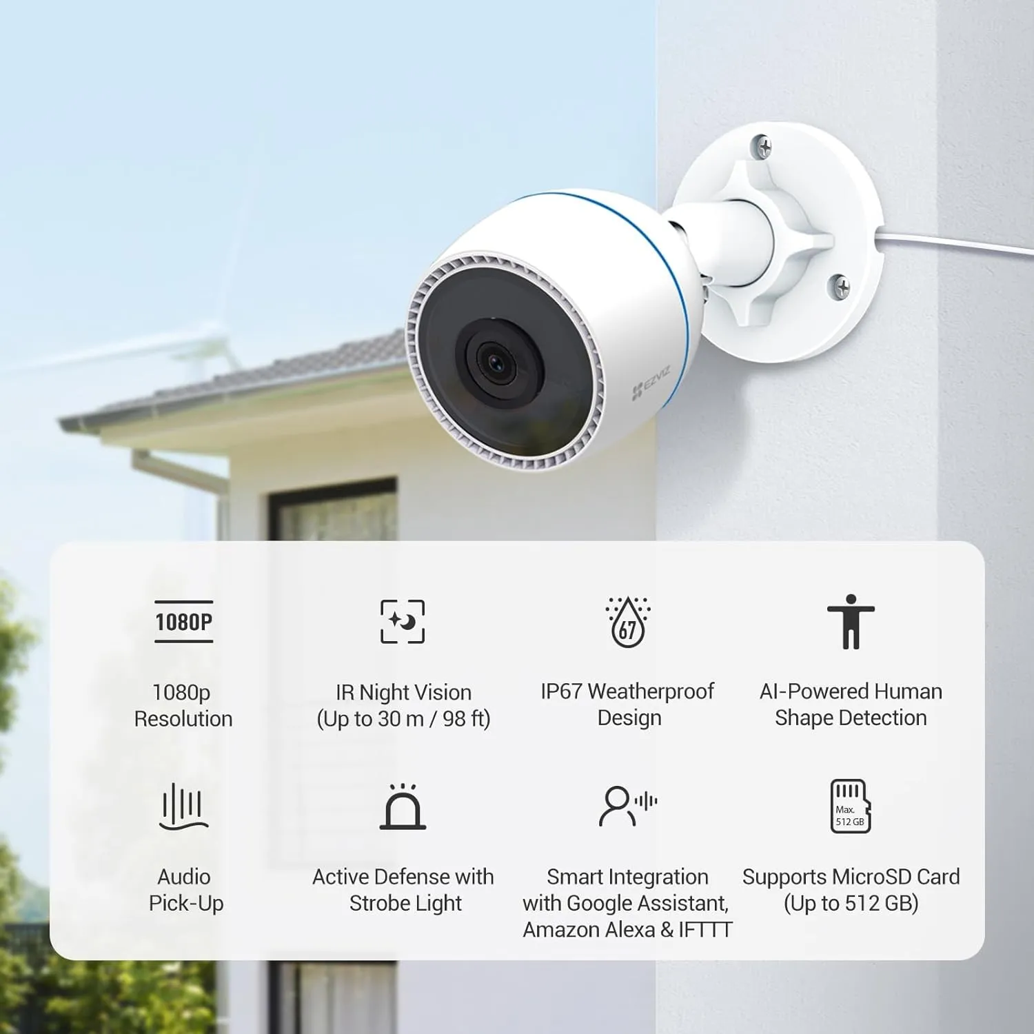 EZVIZ Color Night Vison, WiFi Security Camera Outdoor/Outside, Home Security Cameras, Surveillance Camera, No Subscription with IP67 Waterproof, Motion Detection, Audio Pick-Up, Alexa/Google, 512 SD