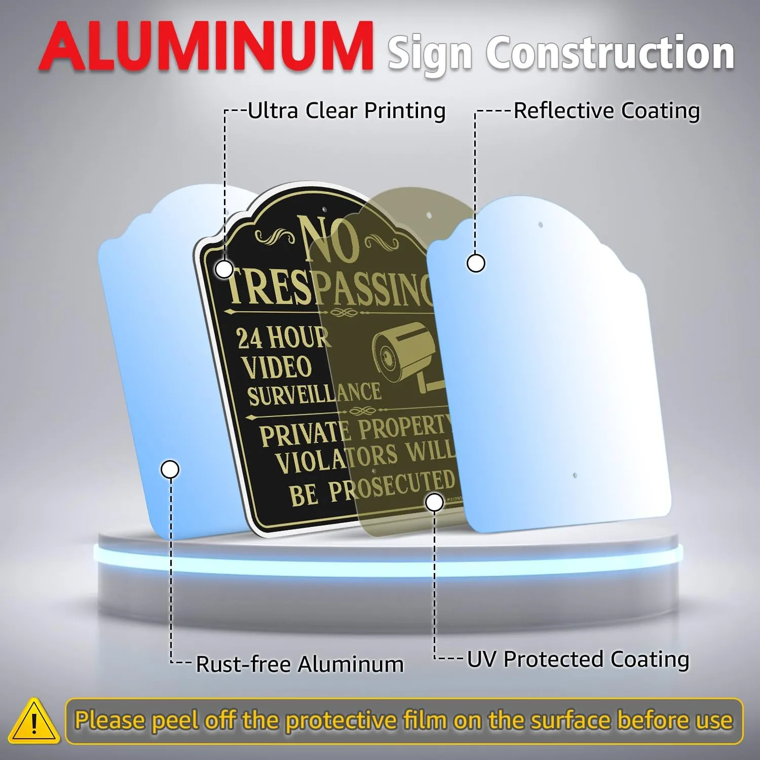 Faittoo No Trespassing Signs Private Property Video Surveillance Sign with 42" Stake, 2-Pack 12"x12" Rust Free Aluminum, Reflective, 2 Pre-drilled Holes, Includes Matching Screws & Wren