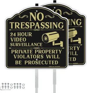Faittoo No Trespassing Signs Private Property Video Surveillance Sign with 42" Stake, 2-Pack 12"x12" Rust Free Aluminum, Reflective, 2 Pre-drilled Holes, Includes Matching Screws & Wren
