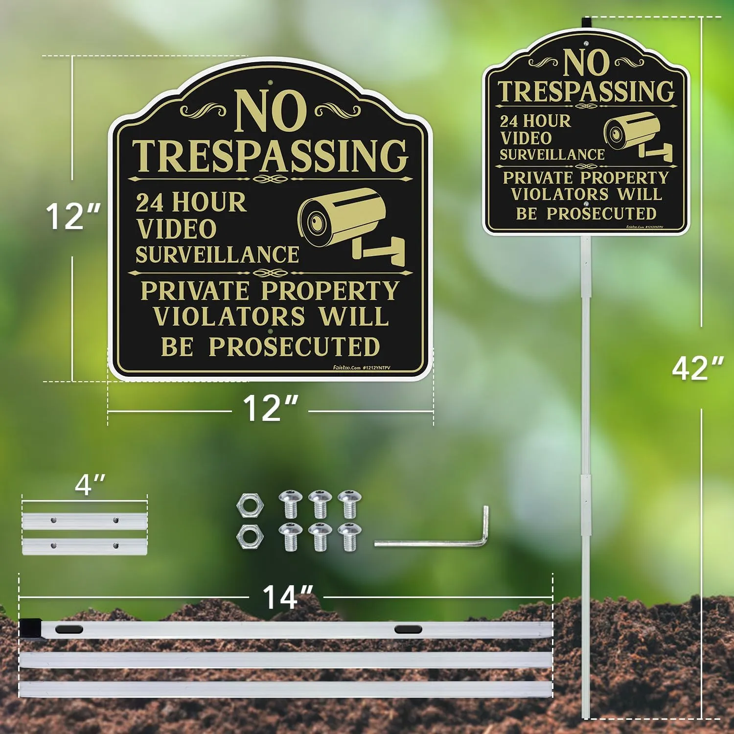 Faittoo No Trespassing Signs Private Property Video Surveillance Sign with 42" Stake, 2-Pack 12"x12" Rust Free Aluminum, Reflective, 2 Pre-drilled Holes, Includes Matching Screws & Wren