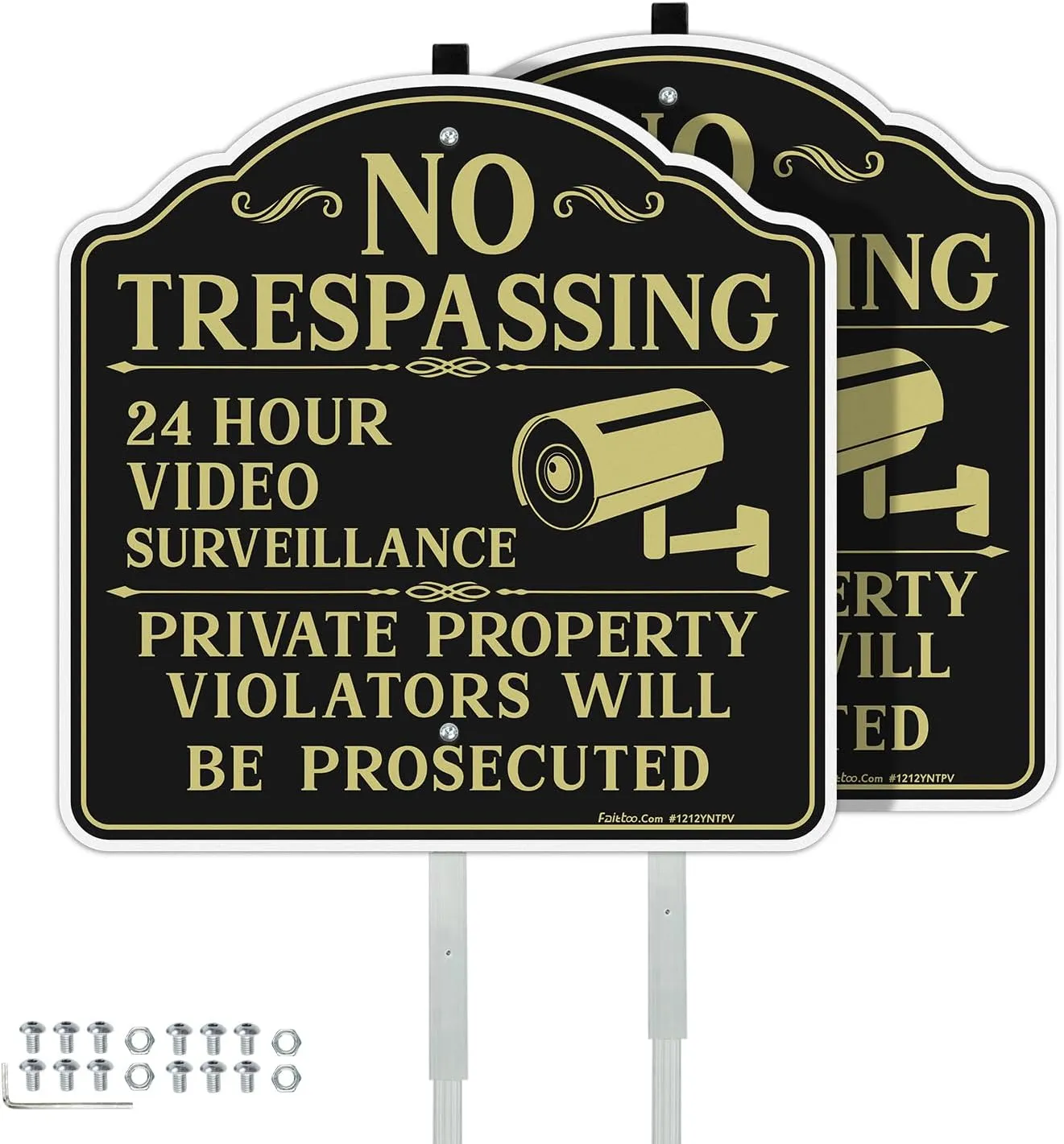 Faittoo No Trespassing Signs Private Property Video Surveillance Sign with 42" Stake, 2-Pack 12"x12" Rust Free Aluminum, Reflective, 2 Pre-drilled Holes, Includes Matching Screws & Wren