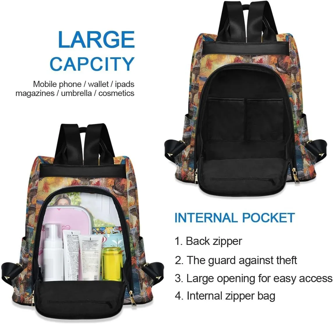Fall Season Water Fountain Anti Theft Backpack Purse for Women Fashion Travel Bags with Pompom