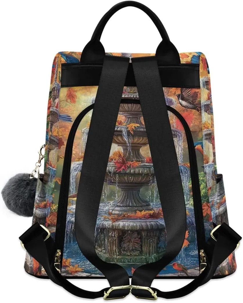 Fall Season Water Fountain Anti Theft Backpack Purse for Women Fashion Travel Bags with Pompom