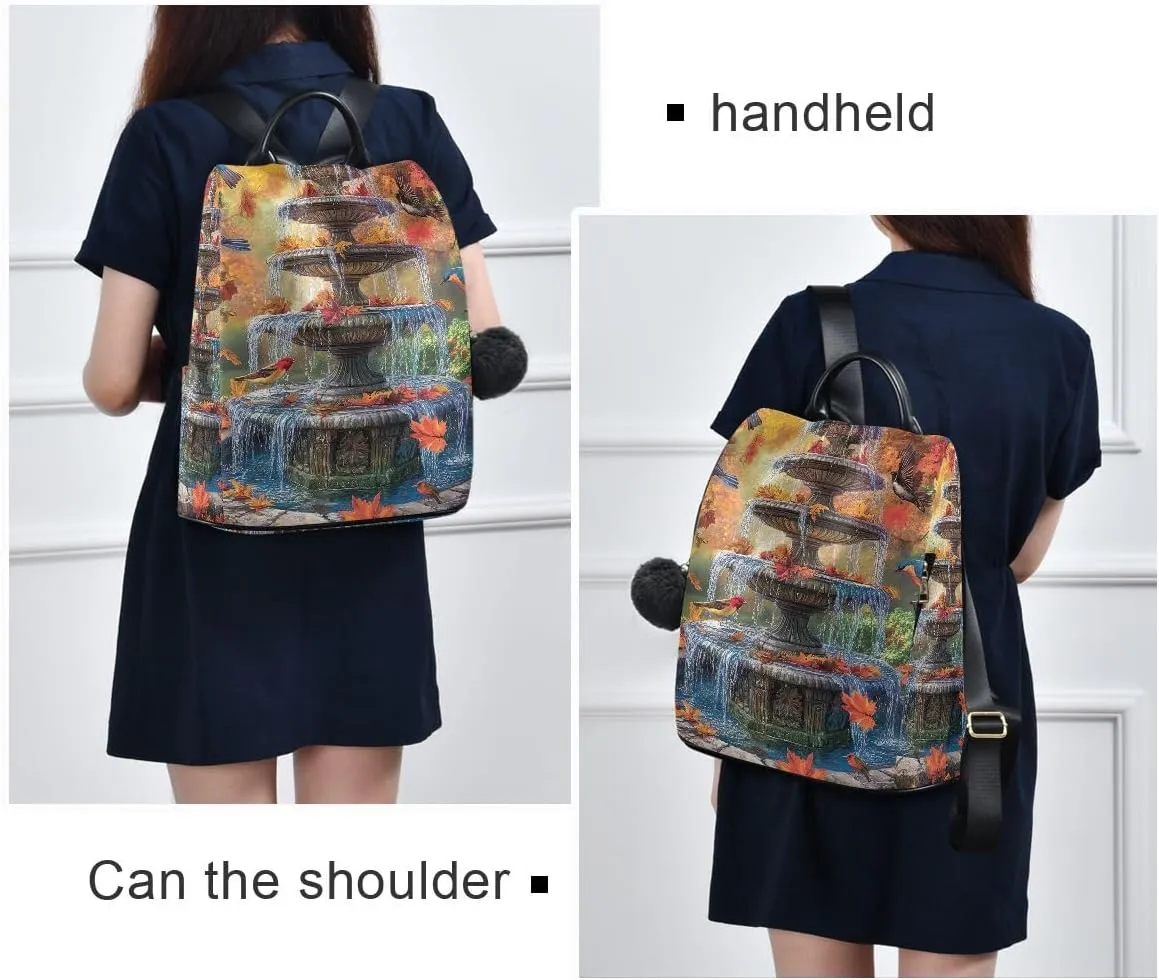 Fall Season Water Fountain Anti Theft Backpack Purse for Women Fashion Travel Bags with Pompom