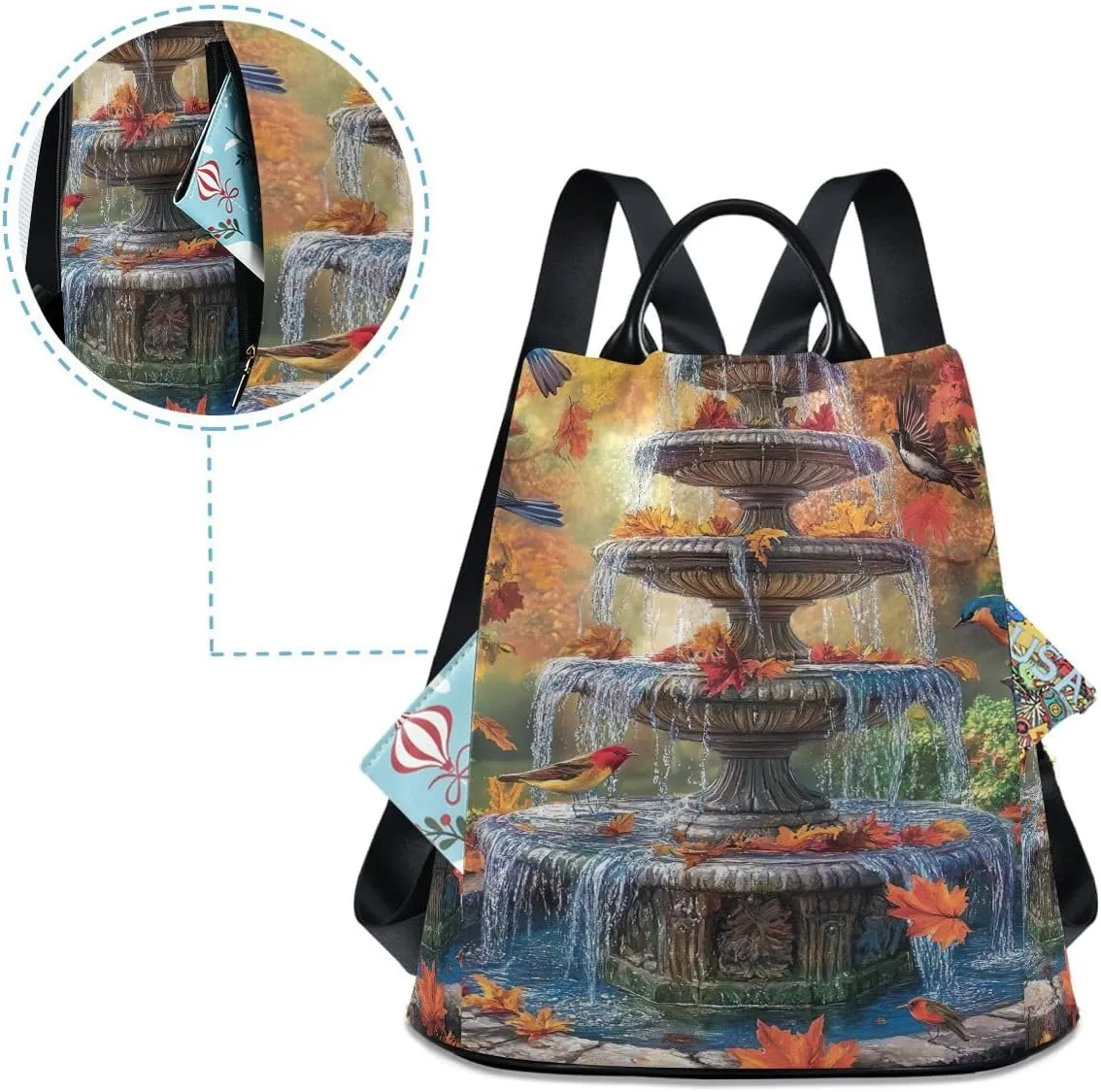 Fall Season Water Fountain Anti Theft Backpack Purse for Women Fashion Travel Bags with Pompom