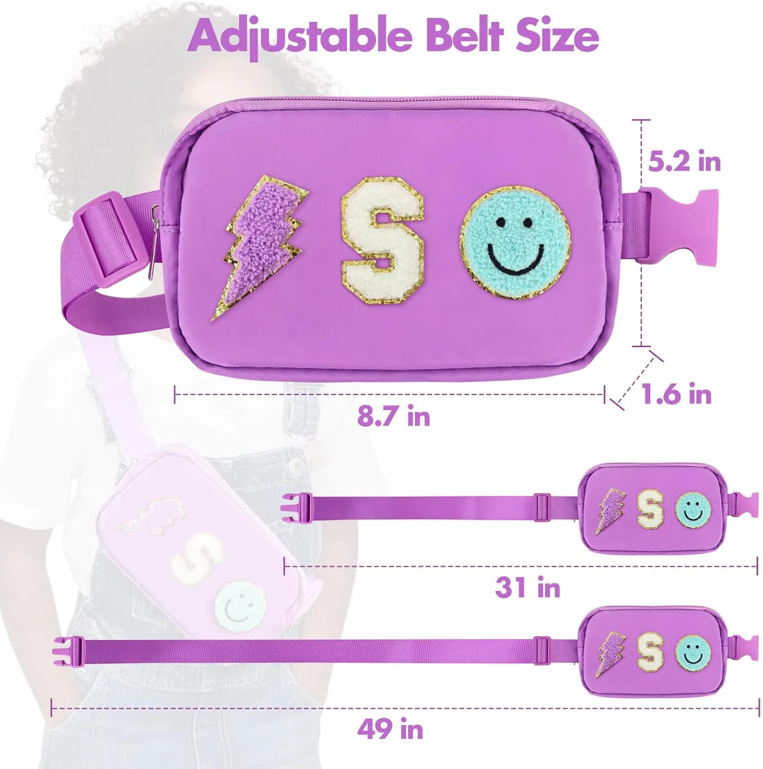 Fanny Pack for Girls Chenille S Letter Crossbody Bag, Preppy Nylon Kids Belt Bag for Birthday Christmas Graduation Personalized Gifts for Teen Girls, Purple