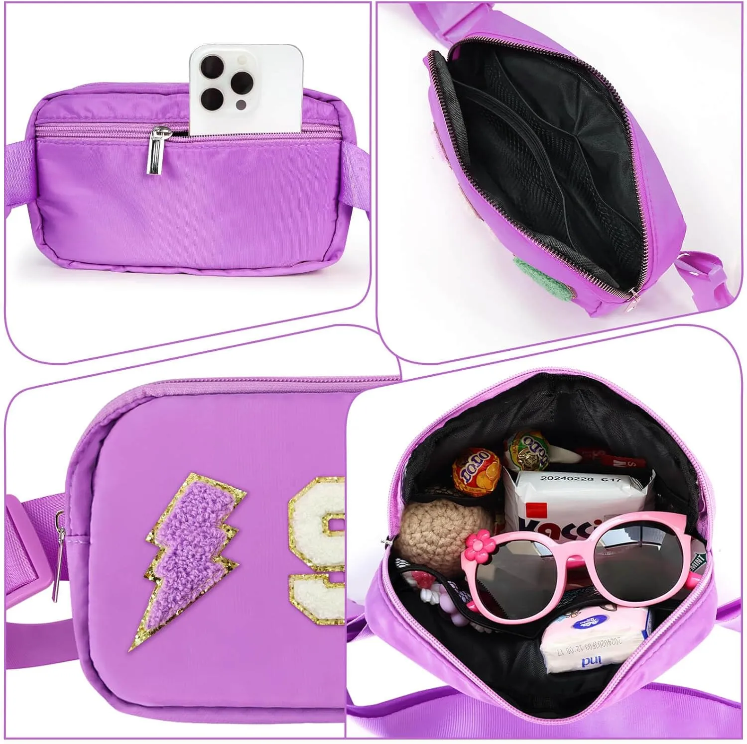 Fanny Pack for Girls Chenille S Letter Crossbody Bag, Preppy Nylon Kids Belt Bag for Birthday Christmas Graduation Personalized Gifts for Teen Girls, Purple