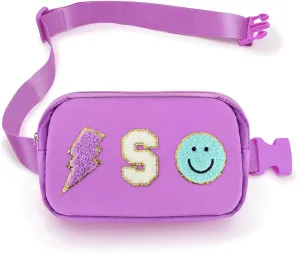 Fanny Pack for Girls Chenille S Letter Crossbody Bag, Preppy Nylon Kids Belt Bag for Birthday Christmas Graduation Personalized Gifts for Teen Girls, Purple