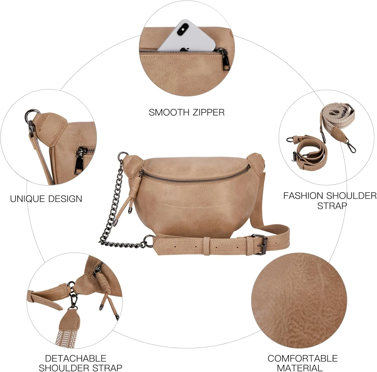 Fanny Packs Waist Bag for Women-Fashion Crossbody Bags Chest Purses Belt Bag with 2 Adjustable Strap (B-Apricot)