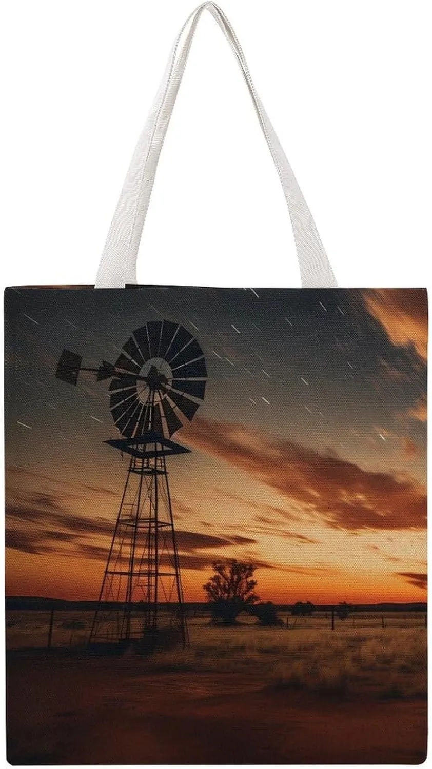 Farmhouse Sunset Windmill Ferris Wheel Night Landscape Milky Canvas Tote Bags Lightweight Grocery Shopping Cloth Bags Shoulder Handbag for Women