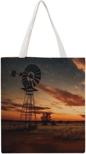 Farmhouse Sunset Windmill Ferris Wheel Night Landscape Milky Canvas Tote Bags Lightweight Grocery Shopping Cloth Bags Shoulder Handbag for Women