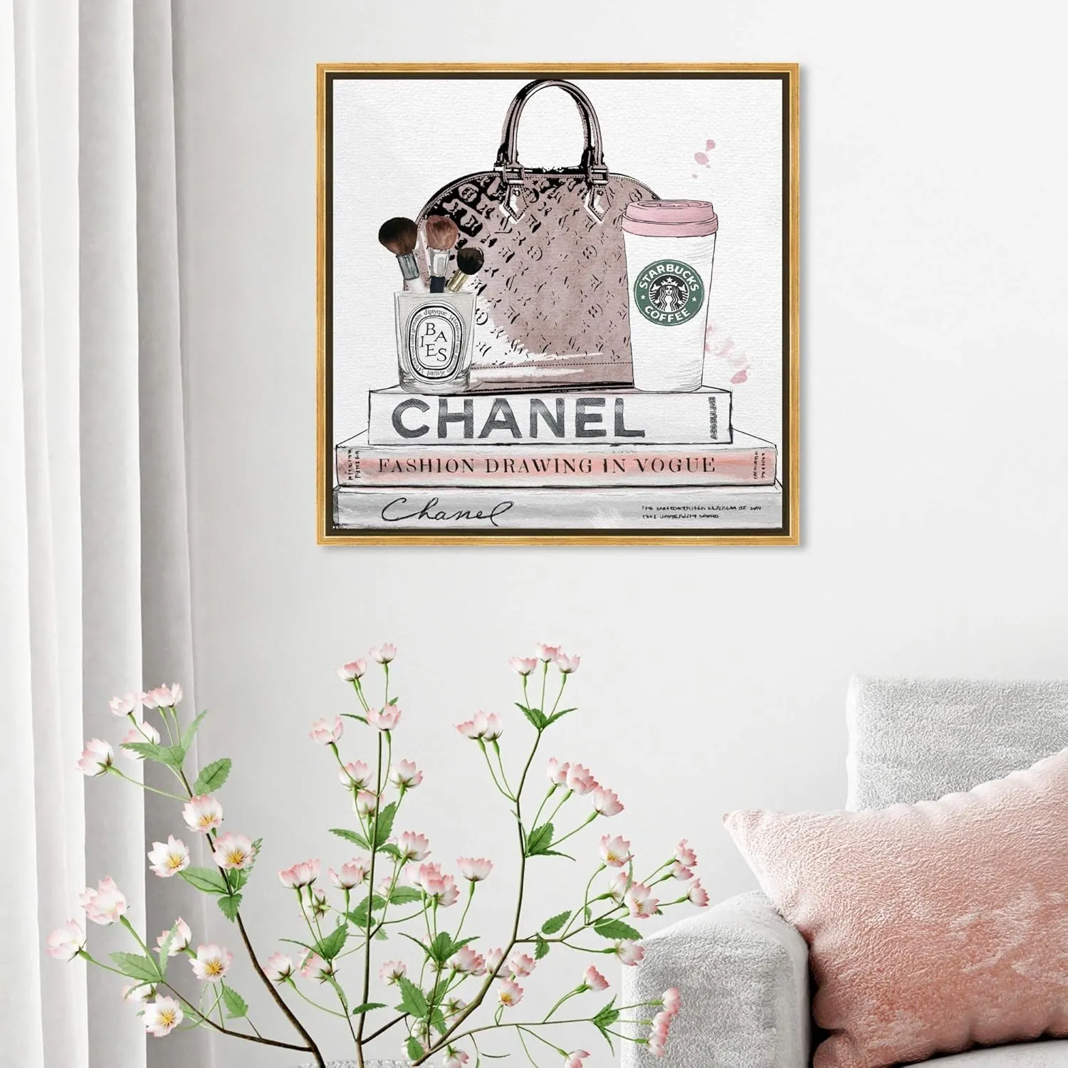 Fashion and Glam Framed Wall Art Canvas Prints 'Blush and Make Up Brush' Handbags