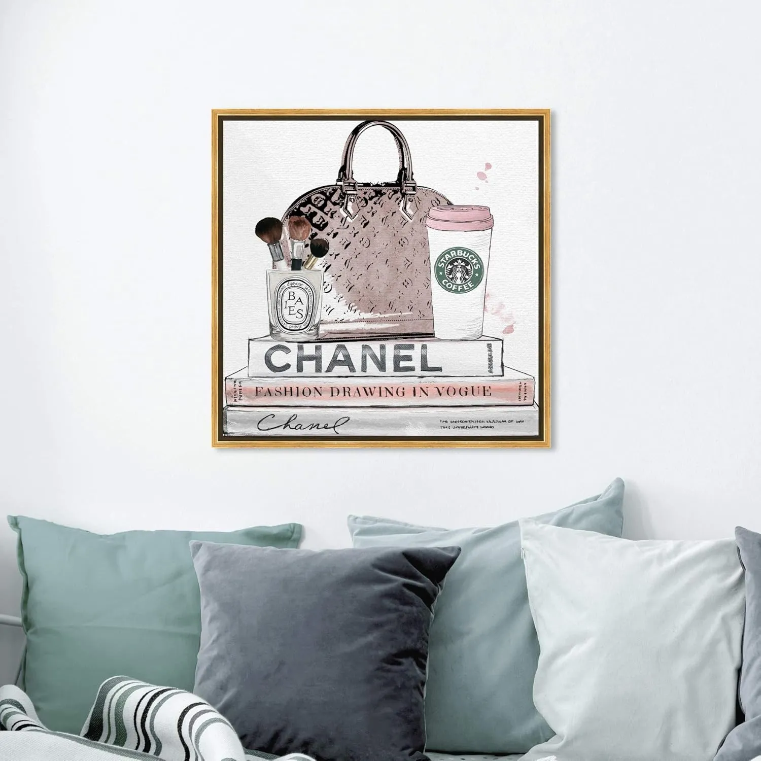 Fashion and Glam Framed Wall Art Canvas Prints 'Blush and Make Up Brush' Handbags
