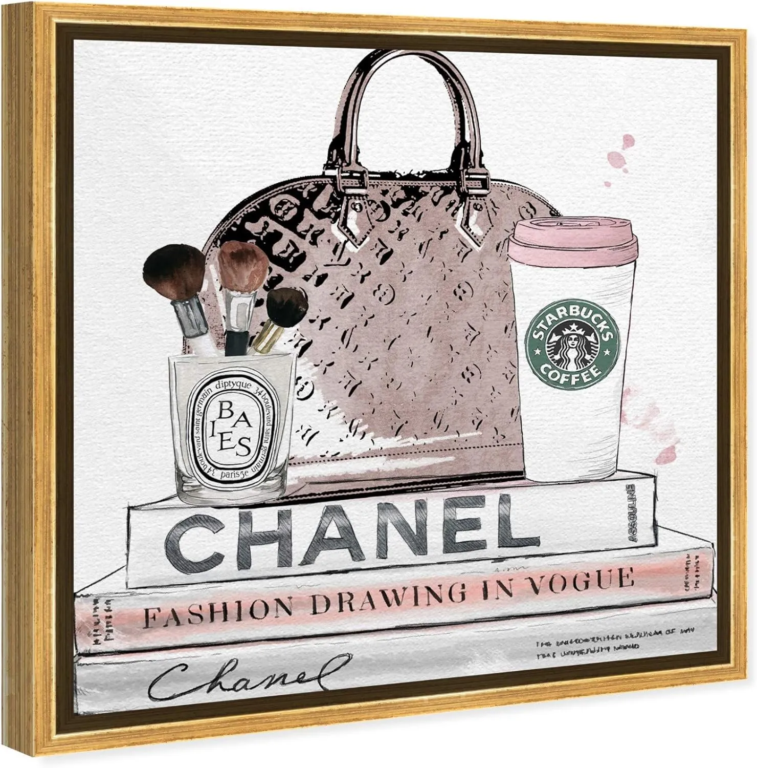 Fashion and Glam Framed Wall Art Canvas Prints 'Blush and Make Up Brush' Handbags