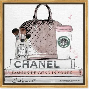 Fashion and Glam Framed Wall Art Canvas Prints 'Blush and Make Up Brush' Handbags