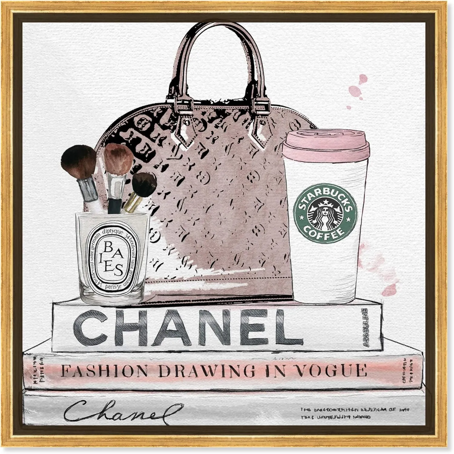 Fashion and Glam Framed Wall Art Canvas Prints 'Blush and Make Up Brush' Handbags