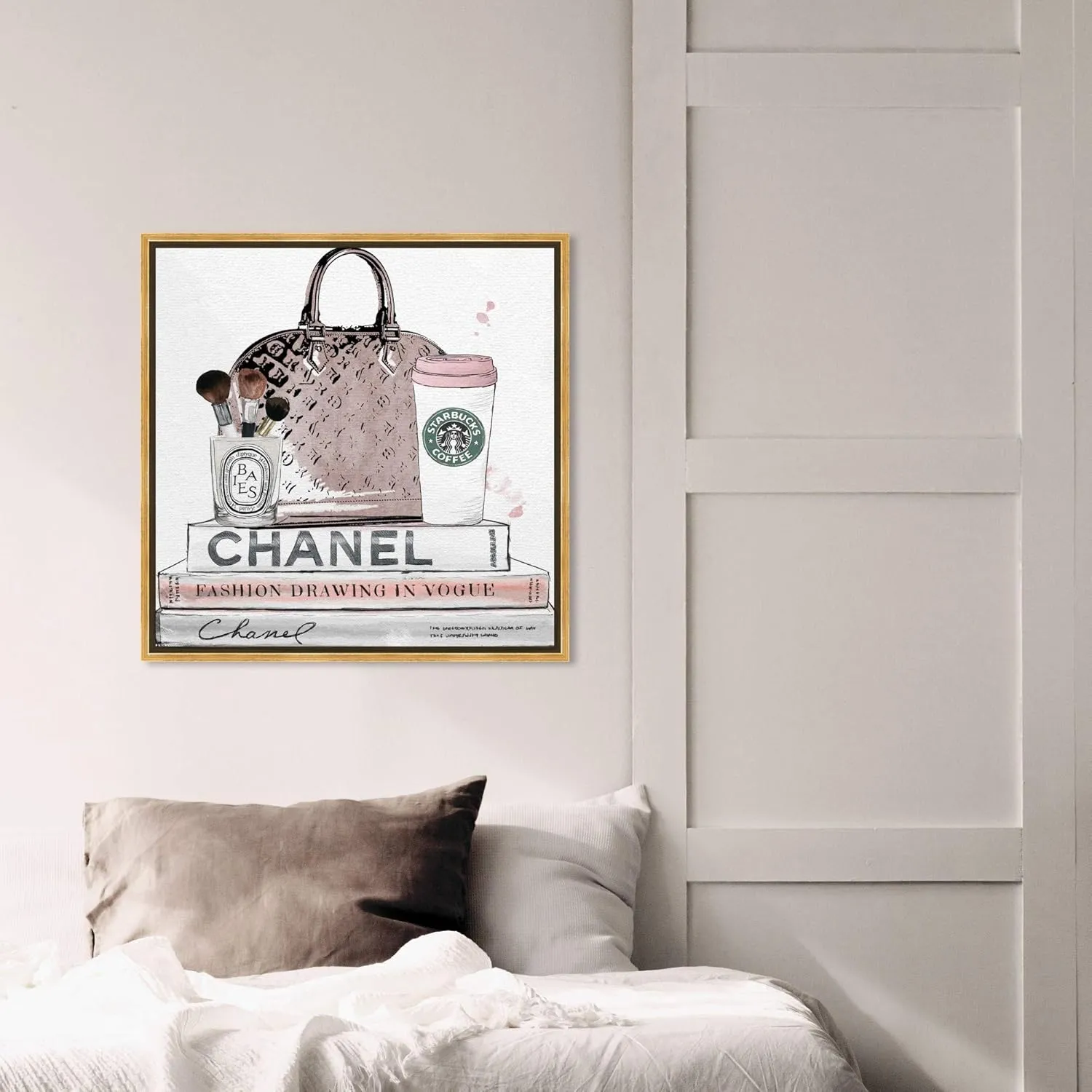 Fashion and Glam Framed Wall Art Canvas Prints 'Blush and Make Up Brush' Handbags