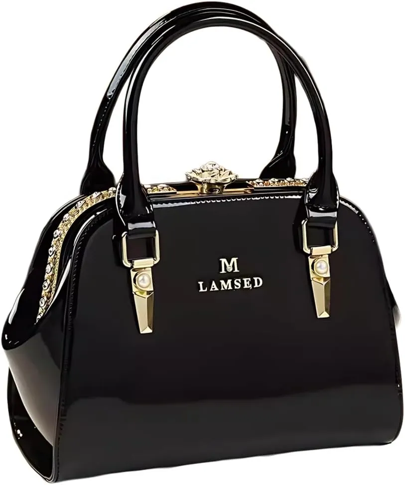 Fashion Leather Women's Clip Bag Top Handle Satchel Crossbody Handbags Diamonds Flower Buckle Evening Bag Purses Small