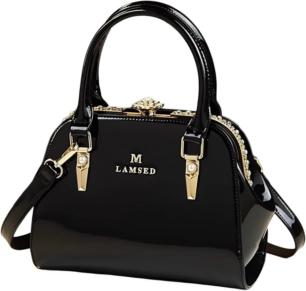 Fashion Leather Women's Clip Bag Top Handle Satchel Crossbody Handbags Diamonds Flower Buckle Evening Bag Purses Small